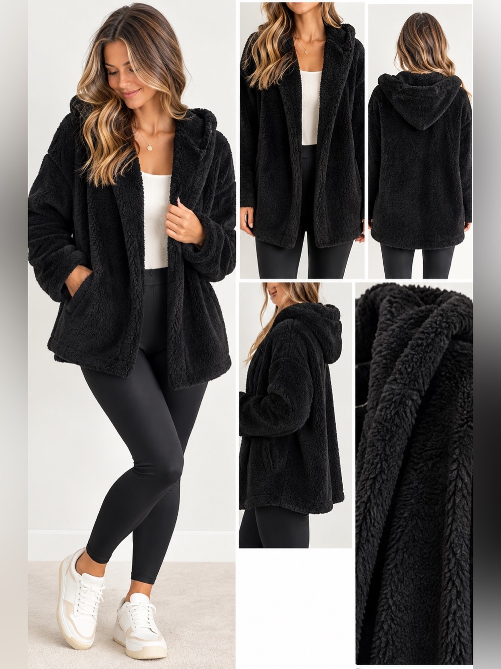LOFT Black Plush Faux Fur Hooded Open Front Cardigan Jacket XXL NWT
